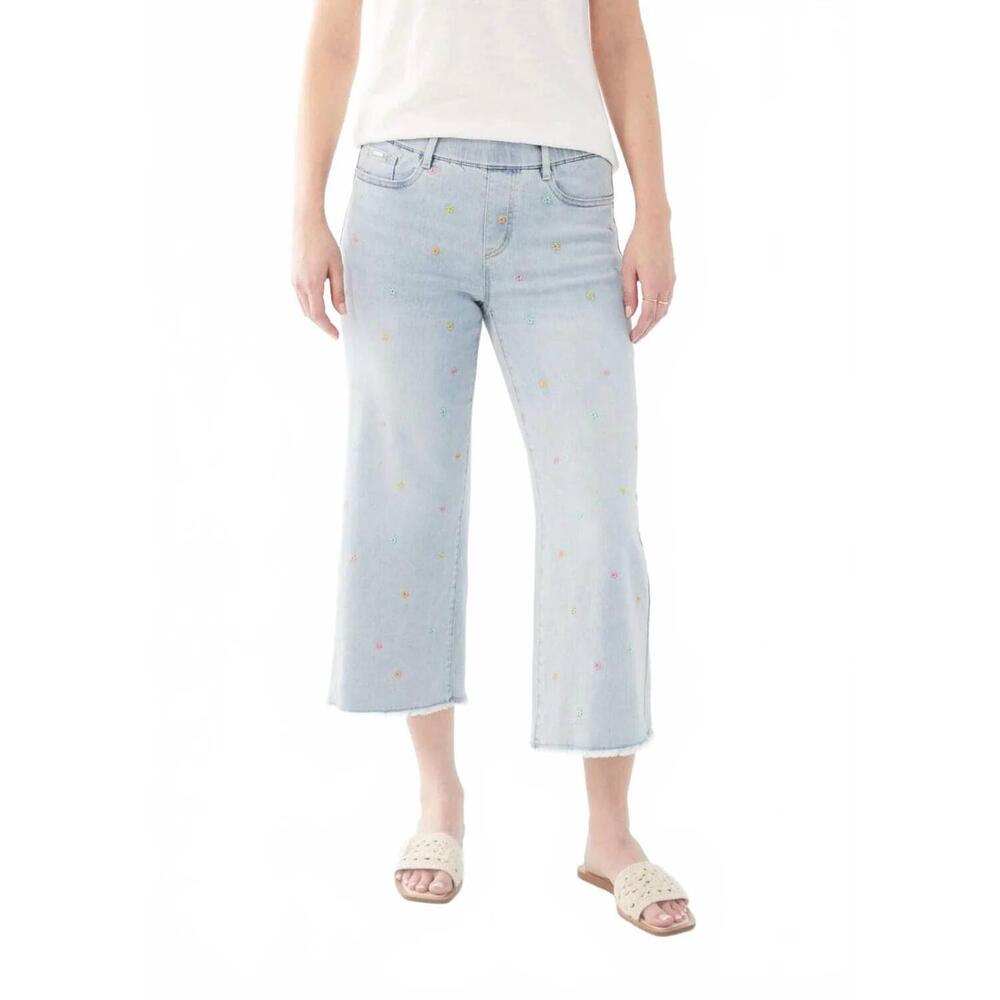 NEW FDJ emily embroidered flowers pull-on wide leg crop jeans in sky blue